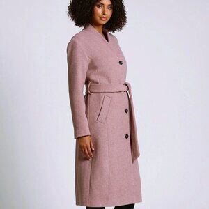 NWT Avec Les Filles Wool-Blend Belted Overlap-Collar Coat in Portabella, Sz L